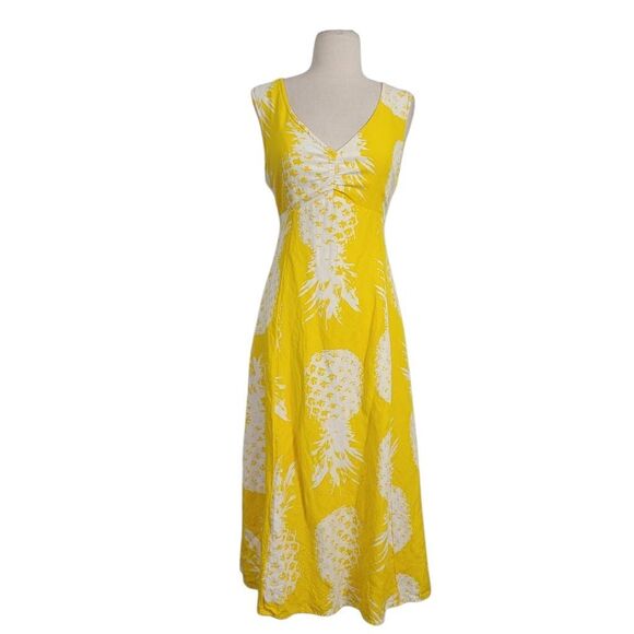 Anthropologie Maeve Yellow White Pineapple Midi Dress Sz 6 Rayon Linen Vacation - Picture 3 of 11